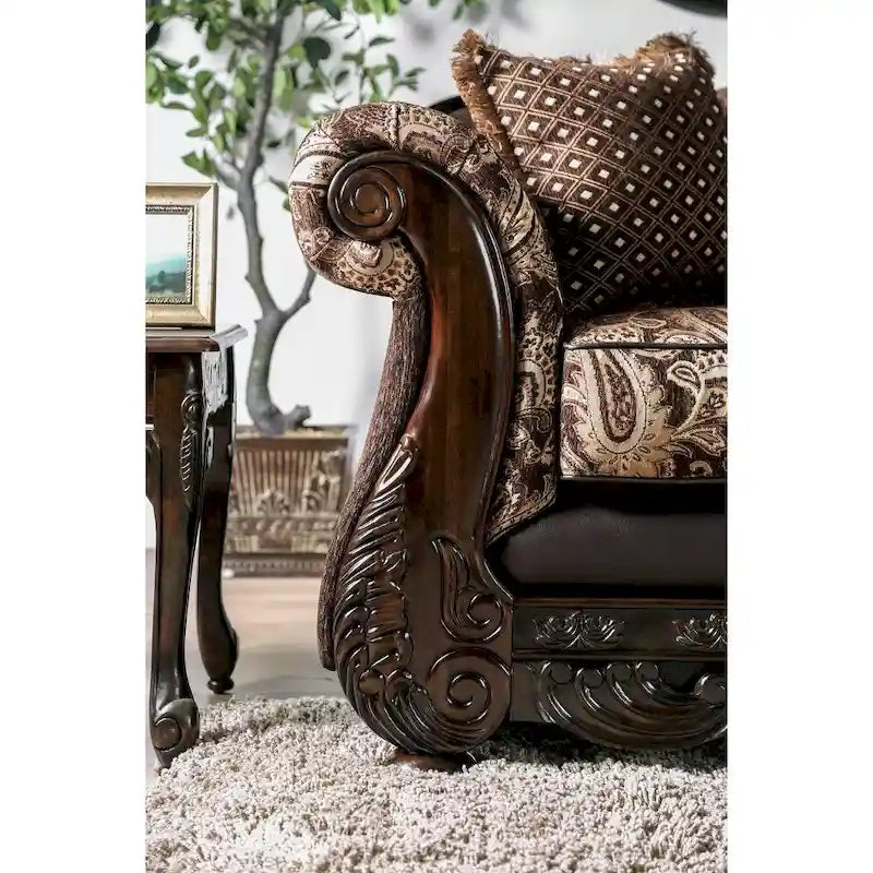 Traditional Brown Ornate Wood Trim Sofa with Paisley Fabric and Pillows