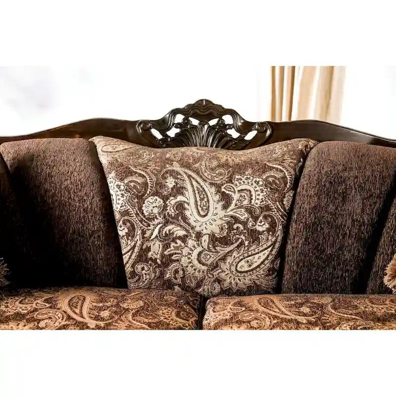 Traditional Brown Ornate Wood Trim Sofa with Paisley Fabric and Pillows