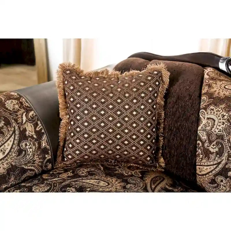 Traditional Brown Ornate Wood Trim Sofa with Paisley Fabric and Pillows
