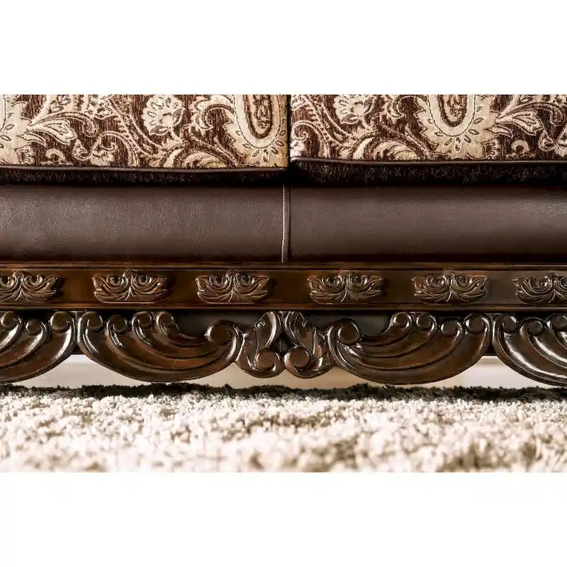 Traditional Brown Ornate Wood Trim Sofa with Paisley Fabric and Pillows