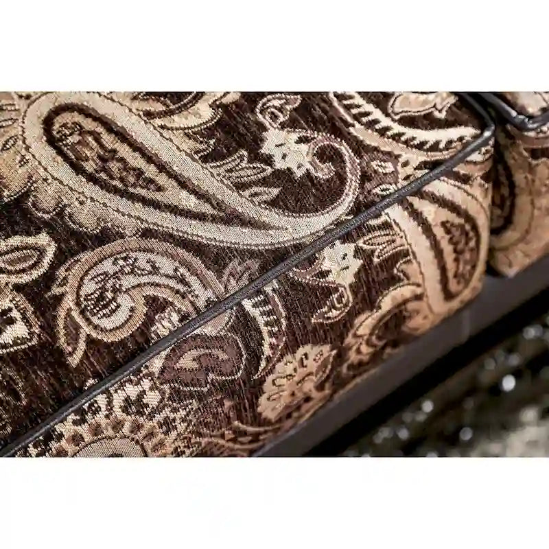 Traditional Brown Ornate Wood Trim Sofa with Paisley Fabric and Pillows