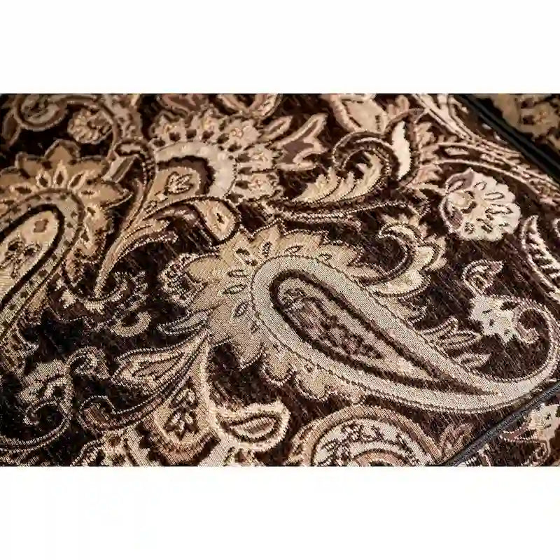 Traditional Brown Ornate Wood Trim Sofa with Paisley Fabric and Pillows