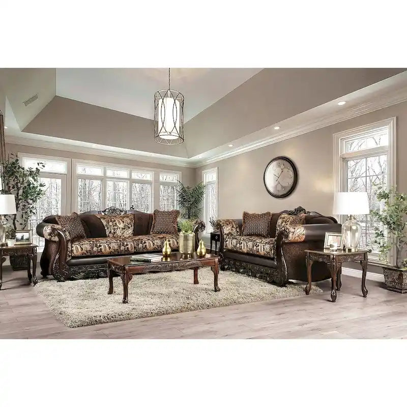 Traditional Brown Ornate Wood Trim Sofa with Paisley Fabric and Pillows