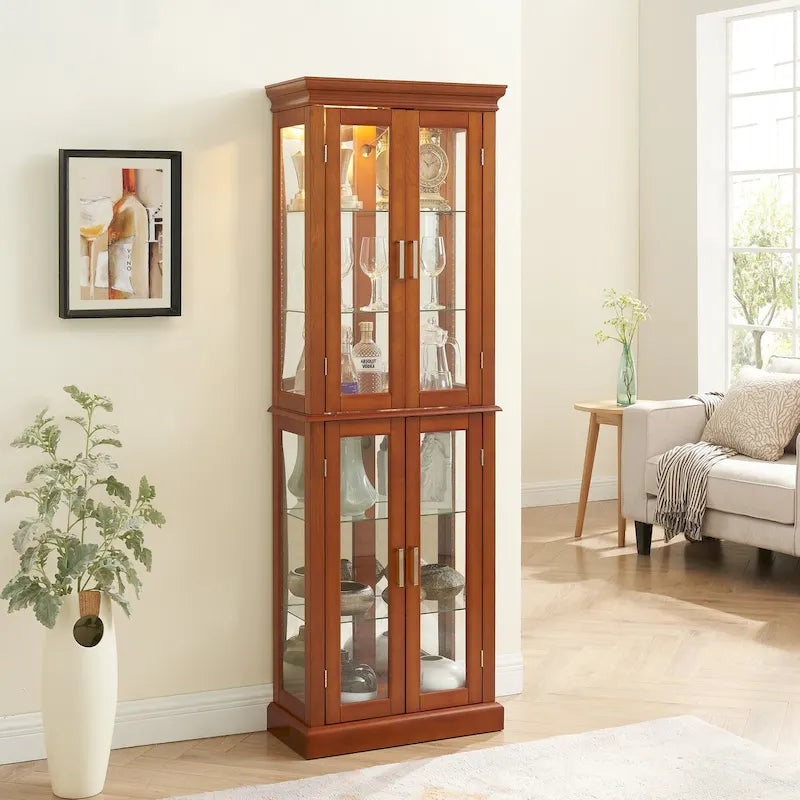 Lighted Display Cabinet with Tempered Glass Doors and Adjustable Shelves, Oak/Walnut/Cherry