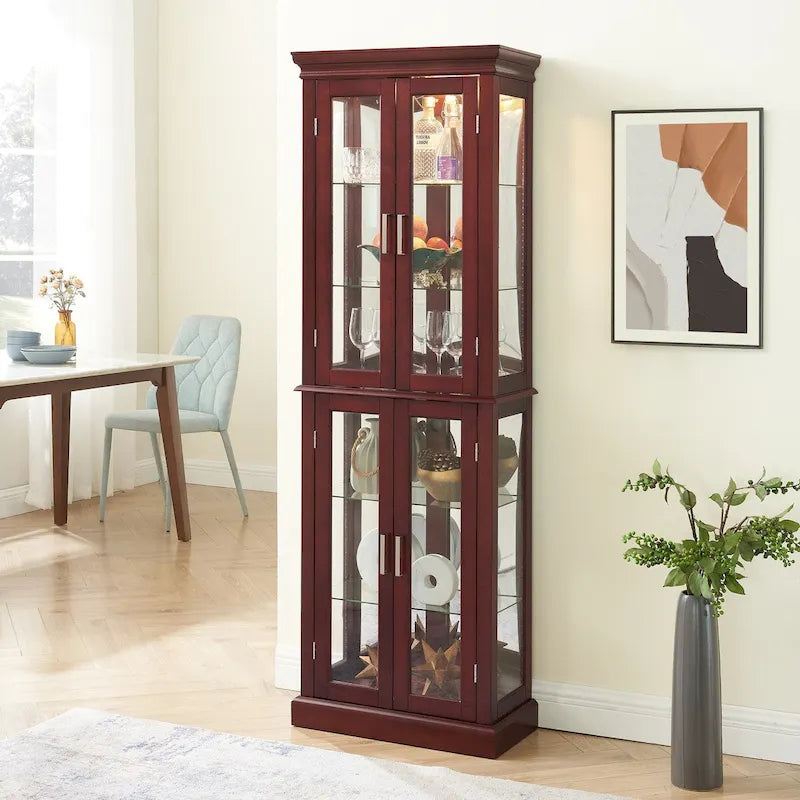 Lighted Display Cabinet with Tempered Glass Doors and Adjustable Shelves, Oak/Walnut/Cherry