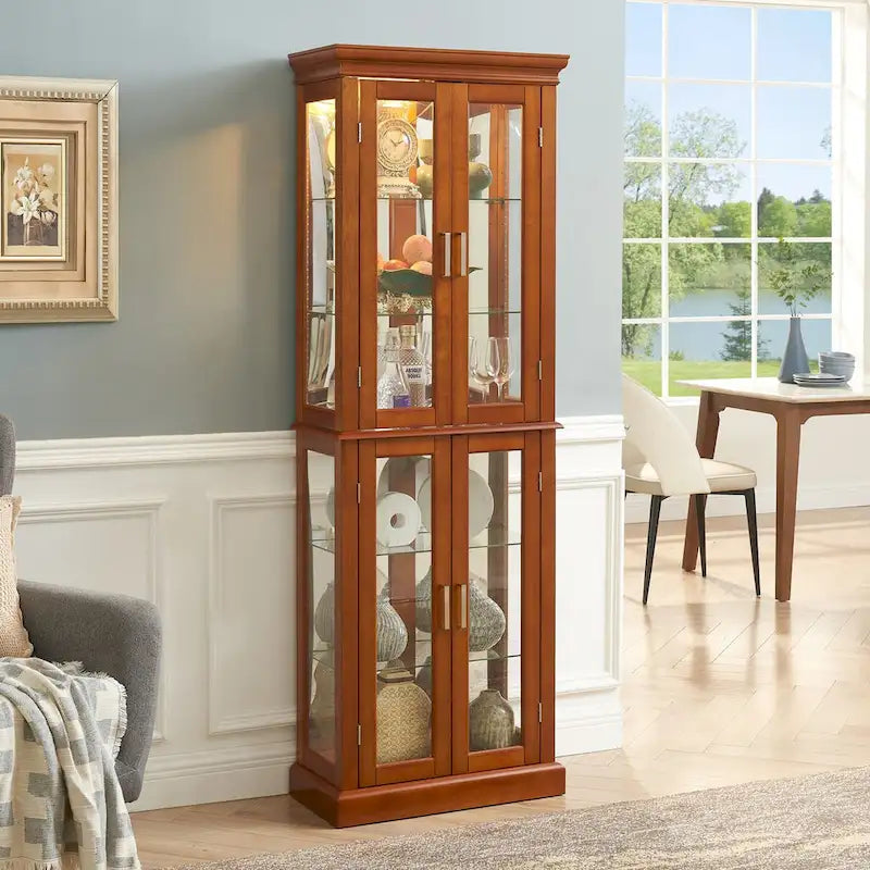 Lighted Display Cabinet with Tempered Glass Doors and Adjustable Shelves, Oak/Walnut/Cherry