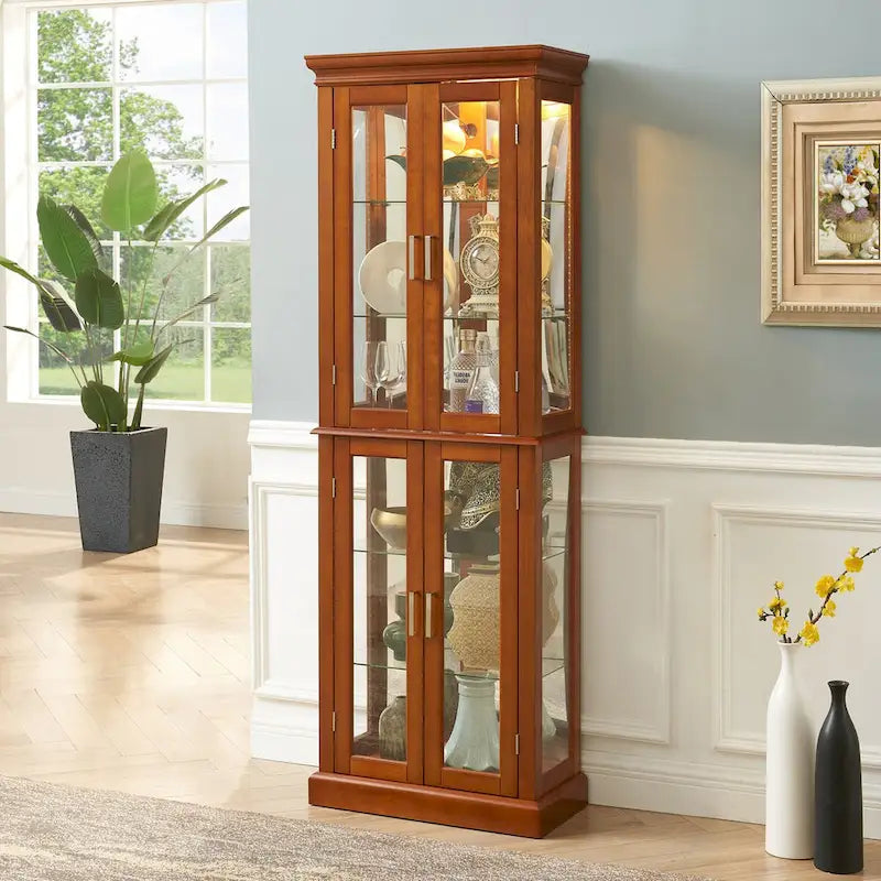 Lighted Display Cabinet with Tempered Glass Doors and Adjustable Shelves, Oak/Walnut/Cherry
