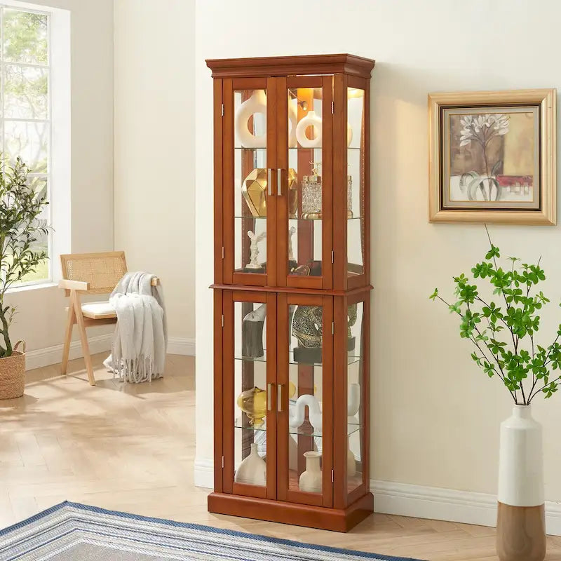 Lighted Display Cabinet with Tempered Glass Doors and Adjustable Shelves, Oak/Walnut/Cherry