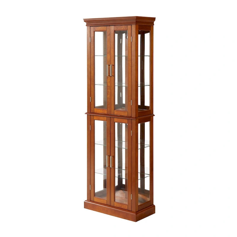 Lighted Display Cabinet with Tempered Glass Doors and Adjustable Shelves, Oak/Walnut/Cherry