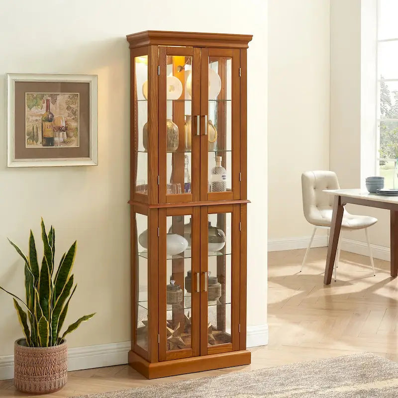 Lighted Display Cabinet with Tempered Glass Doors and Adjustable Shelves, Oak/Walnut/Cherry