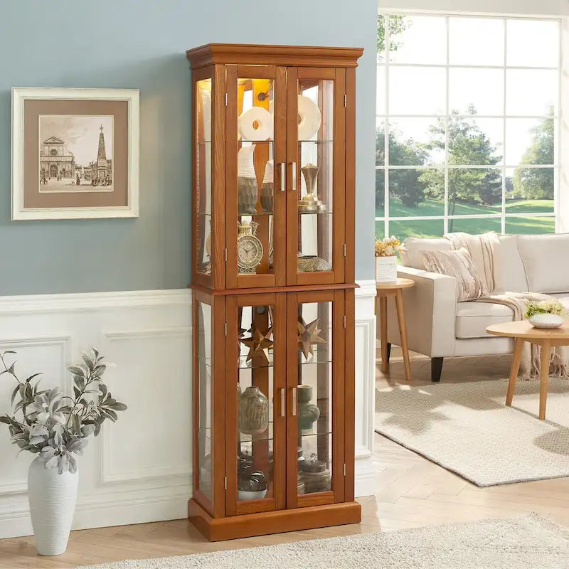 Lighted Display Cabinet with Tempered Glass Doors and Adjustable Shelves, Oak/Walnut/Cherry
