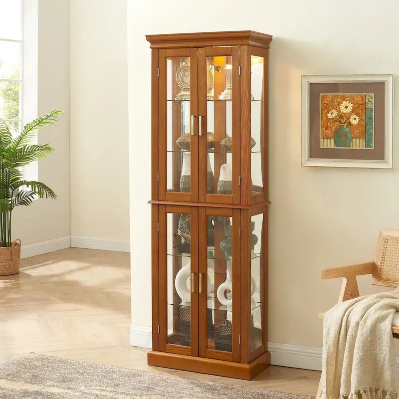 Lighted Display Cabinet with Tempered Glass Doors and Adjustable Shelves, Oak/Walnut/Cherry