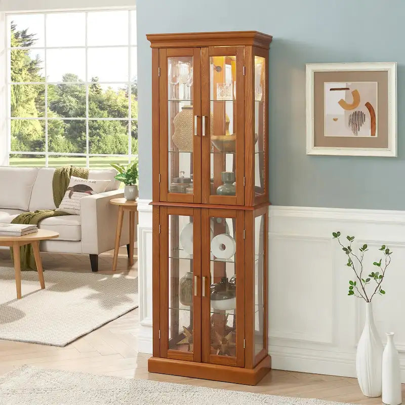 Lighted Display Cabinet with Tempered Glass Doors and Adjustable Shelves, Oak/Walnut/Cherry