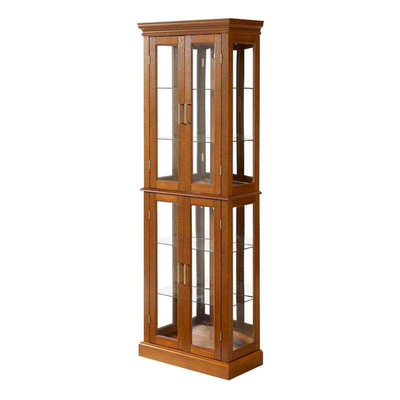 Lighted Display Cabinet with Tempered Glass Doors and Adjustable Shelves, Oak/Walnut/Cherry