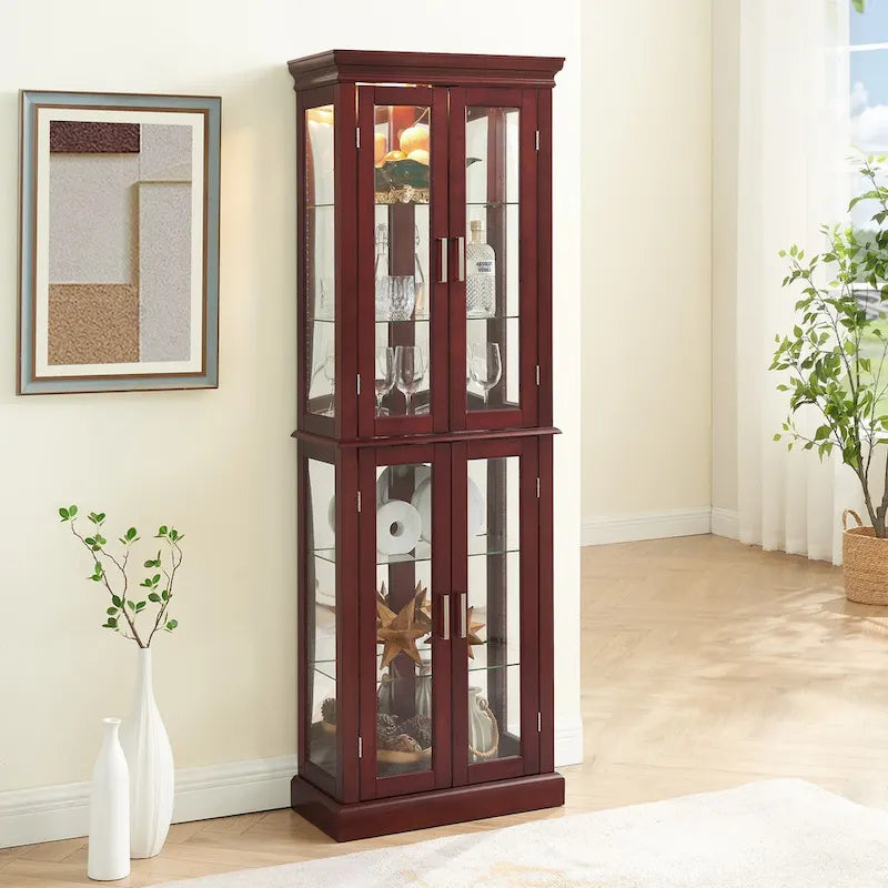 Lighted Display Cabinet with Tempered Glass Doors and Adjustable Shelves, Oak/Walnut/Cherry