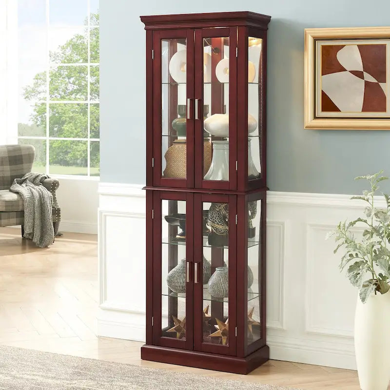 Lighted Display Cabinet with Tempered Glass Doors and Adjustable Shelves, Oak/Walnut/Cherry
