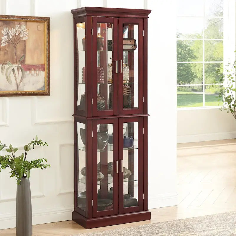 Lighted Display Cabinet with Tempered Glass Doors and Adjustable Shelves, Oak/Walnut/Cherry