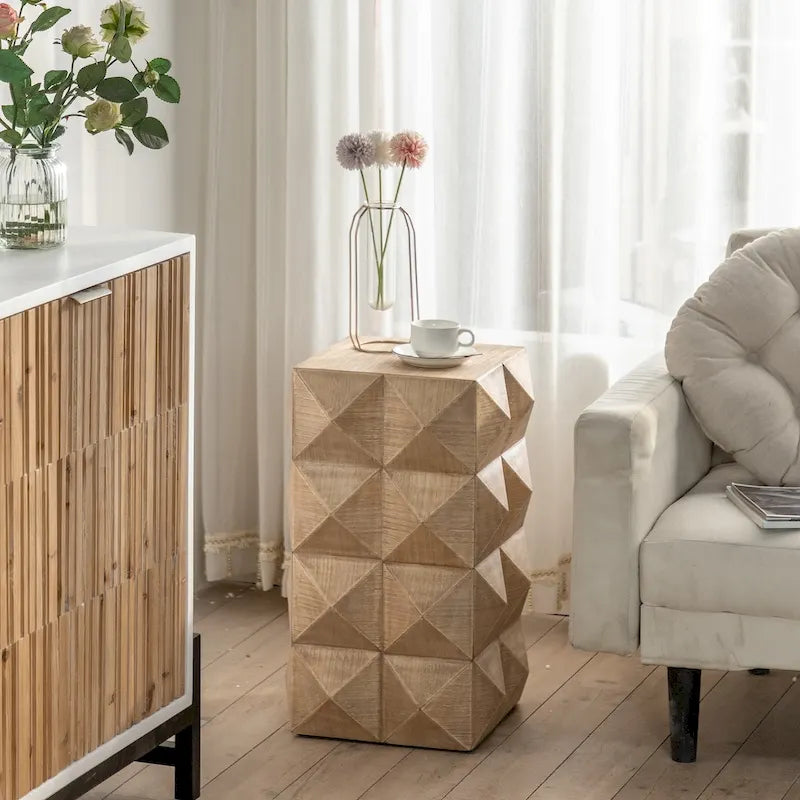Retro Embossed Pattern Coffee Table Natural Wood Living Room Accent Furniture