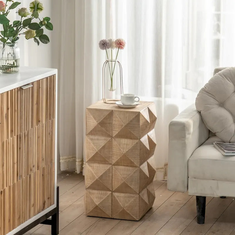 Retro Embossed Pattern Coffee Table Natural Wood Living Room Accent Furniture