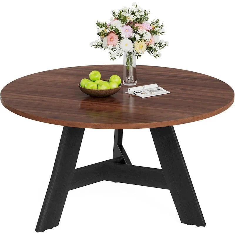 Round Dining Table Brown Black Metal Legs Particle Board Kitchen