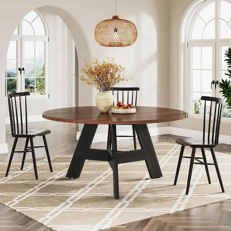 Round Dining Table Brown Black Metal Legs Particle Board Kitchen