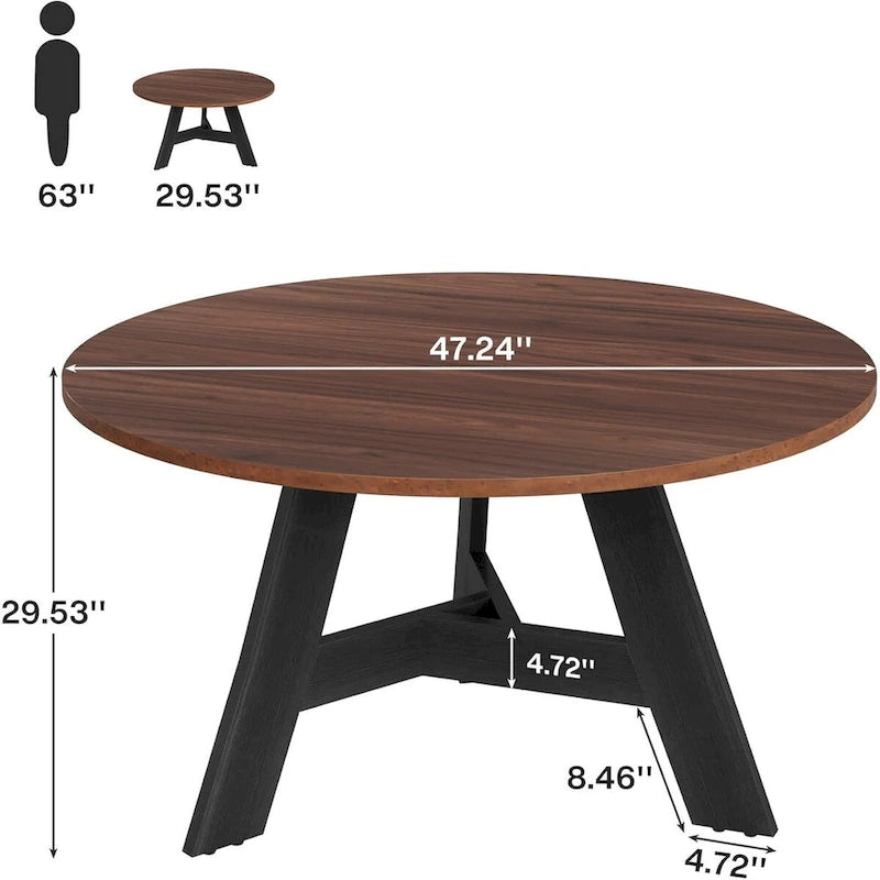 Round Dining Table Brown Black Metal Legs Particle Board Kitchen