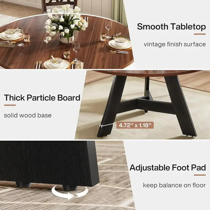 Round Dining Table Brown Black Metal Legs Particle Board Kitchen