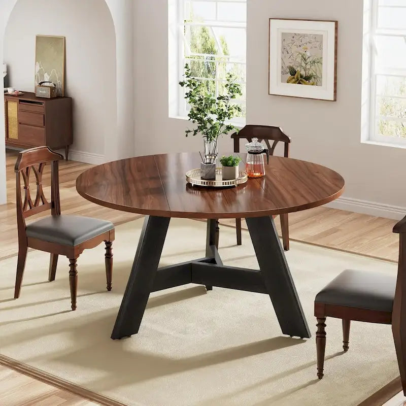 Round Dining Table Brown Black Metal Legs Particle Board Kitchen