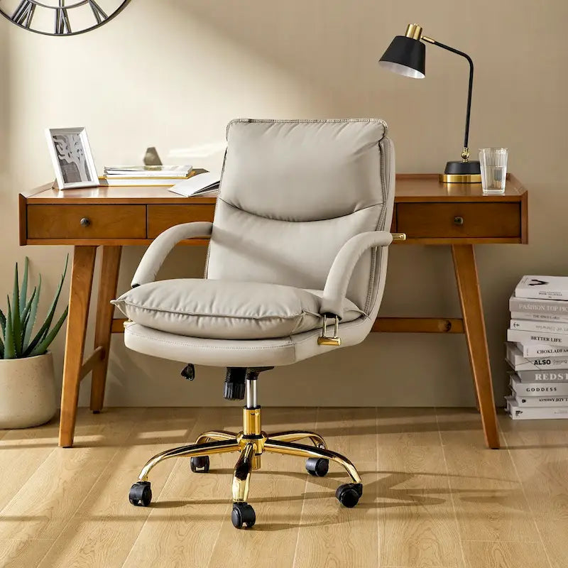 PU Leather Adjustable Height Swivel Office Chair with Tufted Seat Camel Tan Black