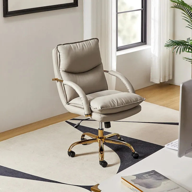 PU Leather Adjustable Height Swivel Office Chair with Tufted Seat Camel Tan Black