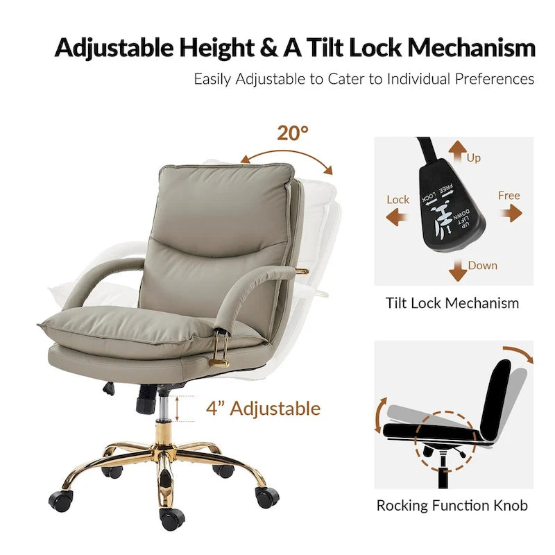 PU Leather Adjustable Height Swivel Office Chair with Tufted Seat Camel Tan Black