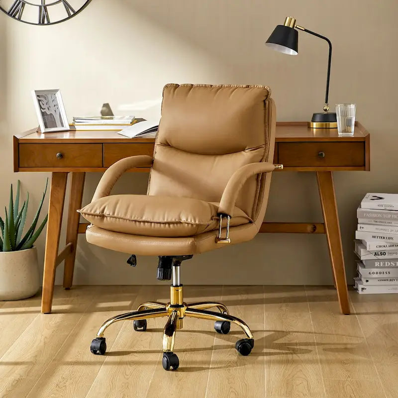 PU Leather Adjustable Height Swivel Office Chair with Tufted Seat Camel Tan Black