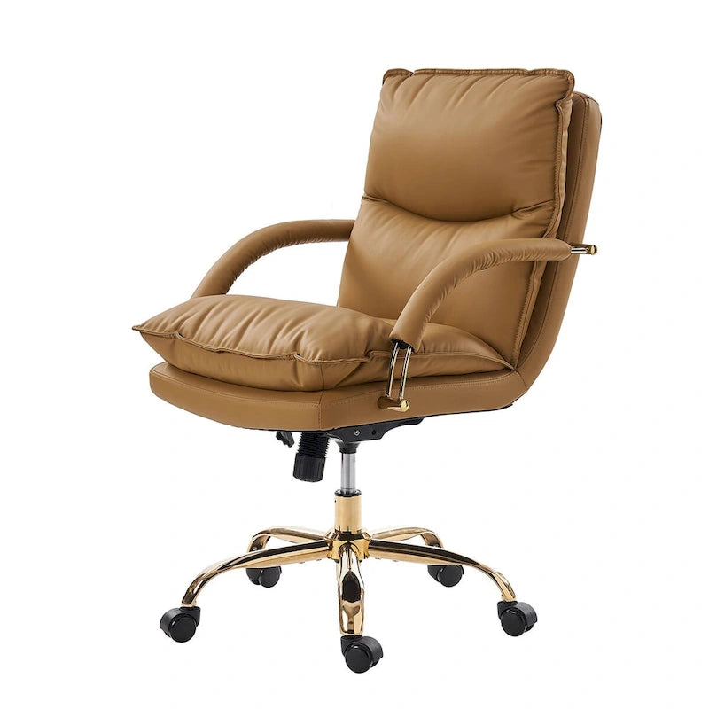 PU Leather Adjustable Height Swivel Office Chair with Tufted Seat Camel Tan Black