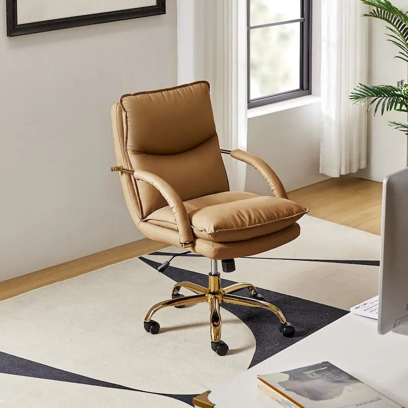 PU Leather Adjustable Height Swivel Office Chair with Tufted Seat Camel Tan Black