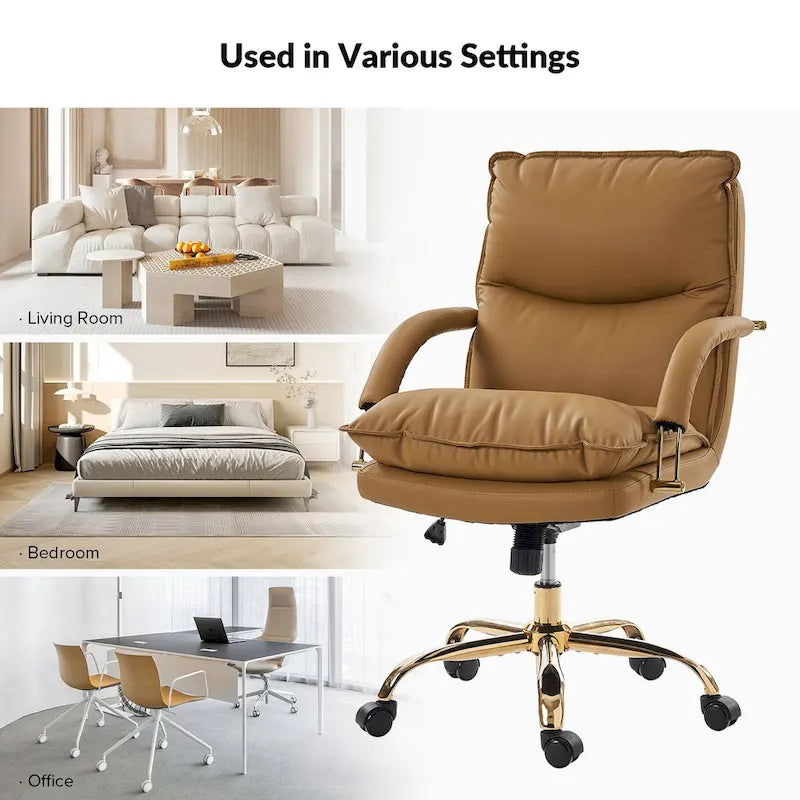 PU Leather Adjustable Height Swivel Office Chair with Tufted Seat Camel Tan Black