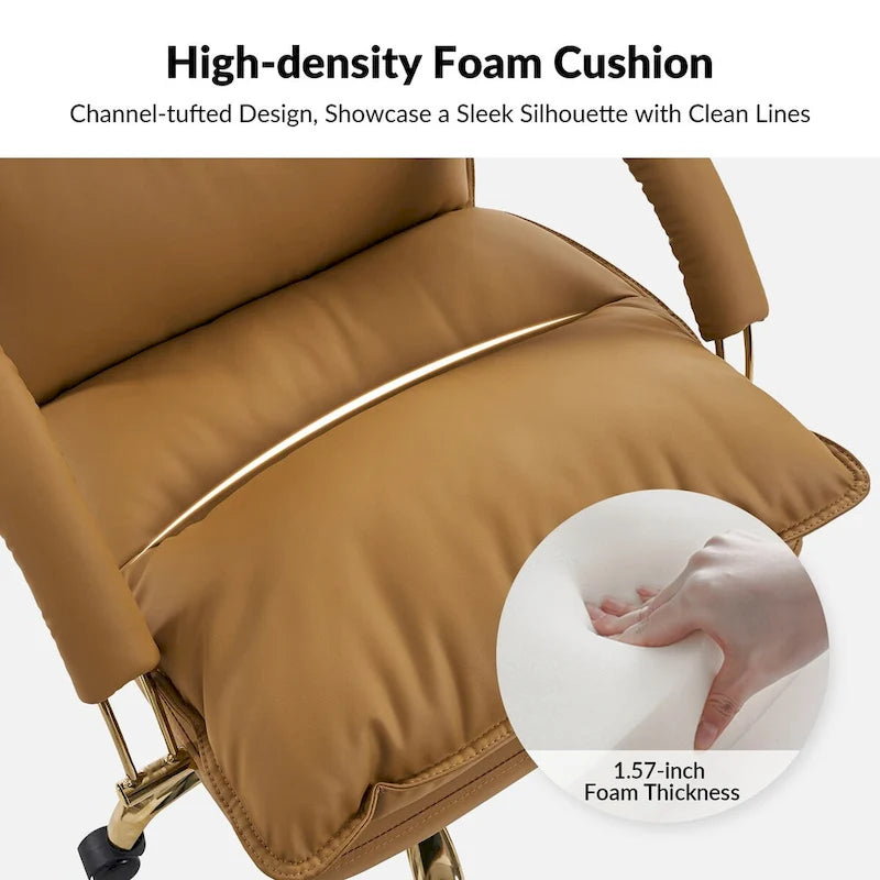 PU Leather Adjustable Height Swivel Office Chair with Tufted Seat Camel Tan Black