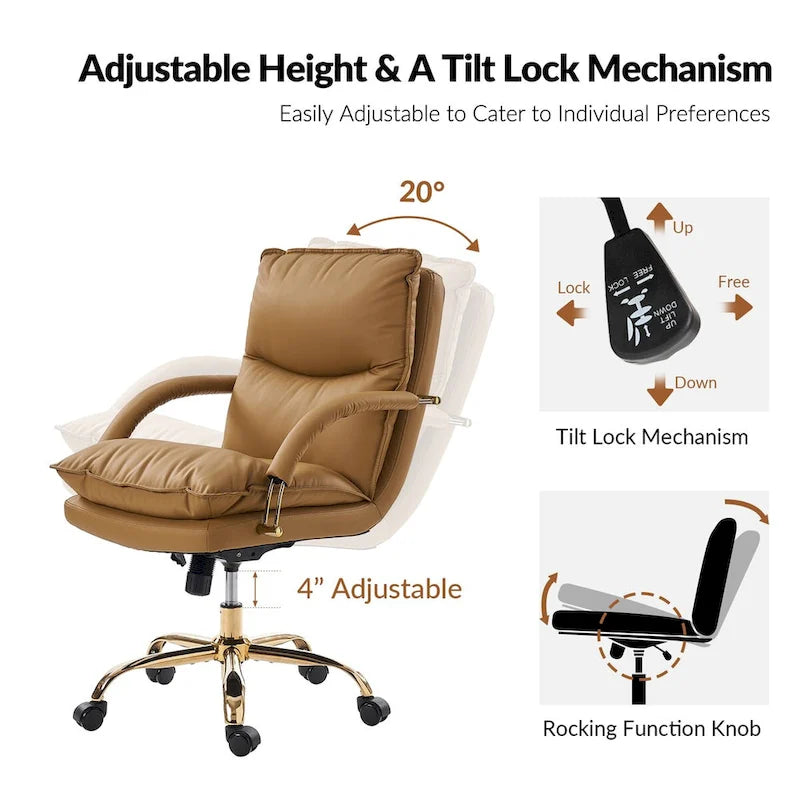PU Leather Adjustable Height Swivel Office Chair with Tufted Seat Camel Tan Black