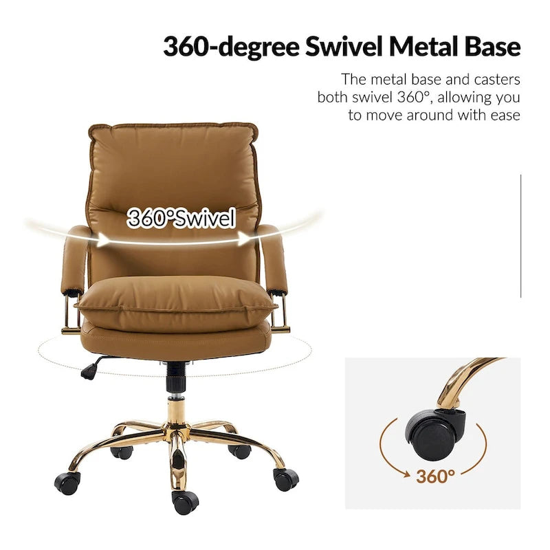 PU Leather Adjustable Height Swivel Office Chair with Tufted Seat Camel Tan Black
