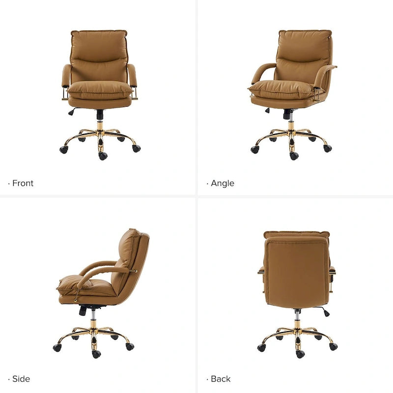 PU Leather Adjustable Height Swivel Office Chair with Tufted Seat Camel Tan Black