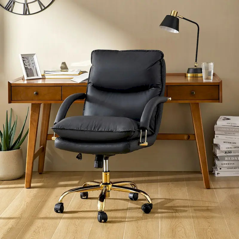 PU Leather Adjustable Height Swivel Office Chair with Tufted Seat Camel Tan Black