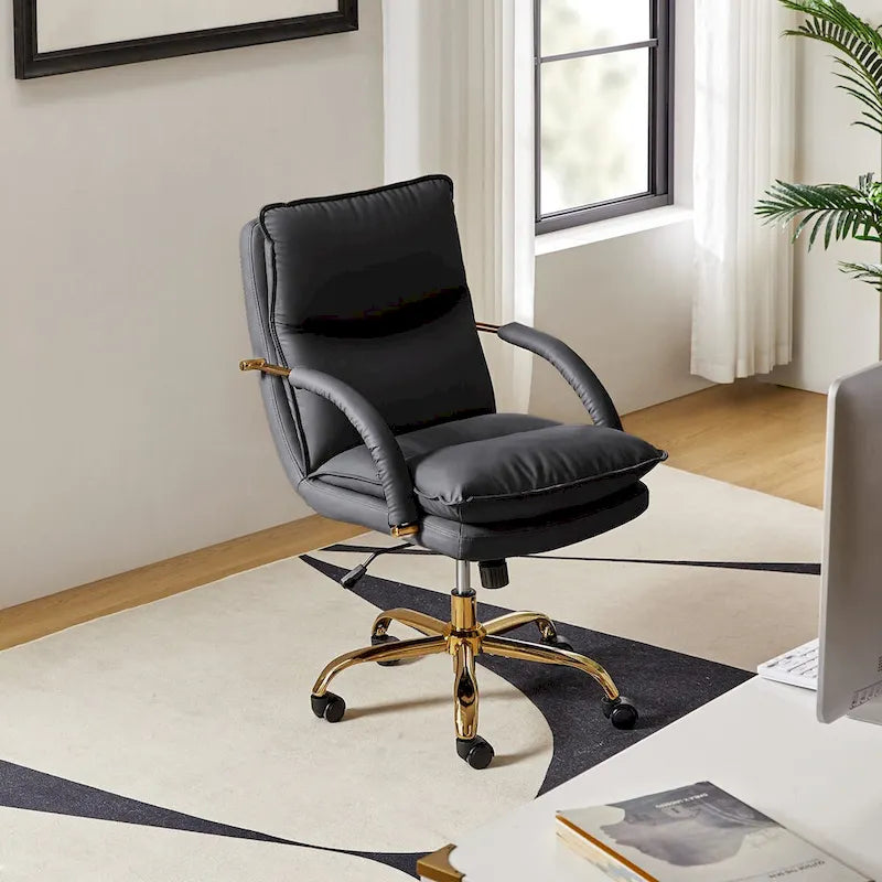 PU Leather Adjustable Height Swivel Office Chair with Tufted Seat Camel Tan Black