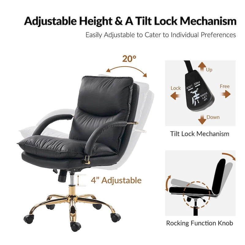 PU Leather Adjustable Height Swivel Office Chair with Tufted Seat Camel Tan Black