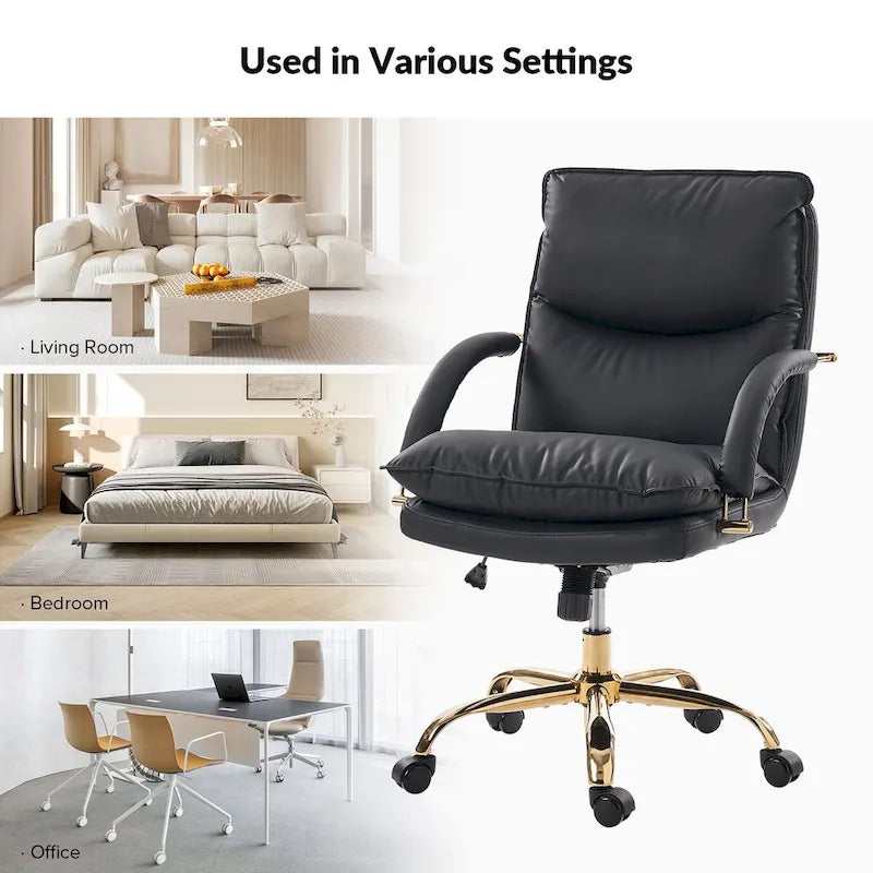 PU Leather Adjustable Height Swivel Office Chair with Tufted Seat Camel Tan Black