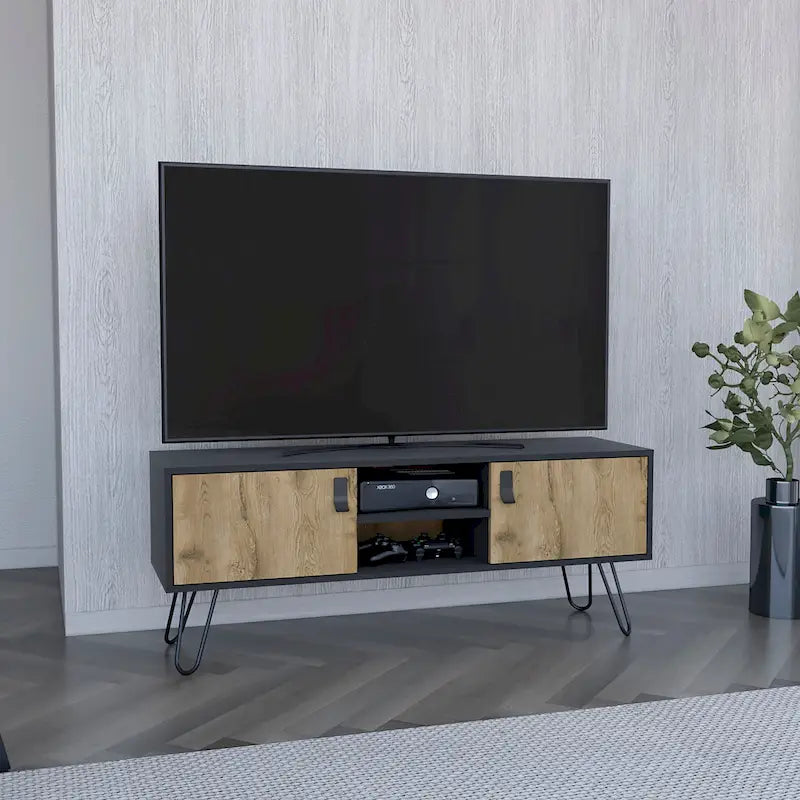 Hairpin Legs TV Stand with Two Doors Black Macadamia Wood Finish