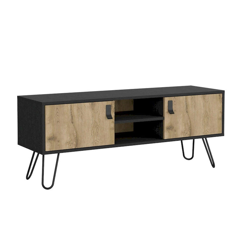 Hairpin Legs TV Stand with Two Doors Black Macadamia Wood Finish