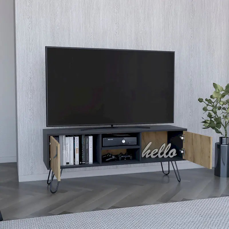 Hairpin Legs TV Stand with Two Doors Black Macadamia Wood Finish