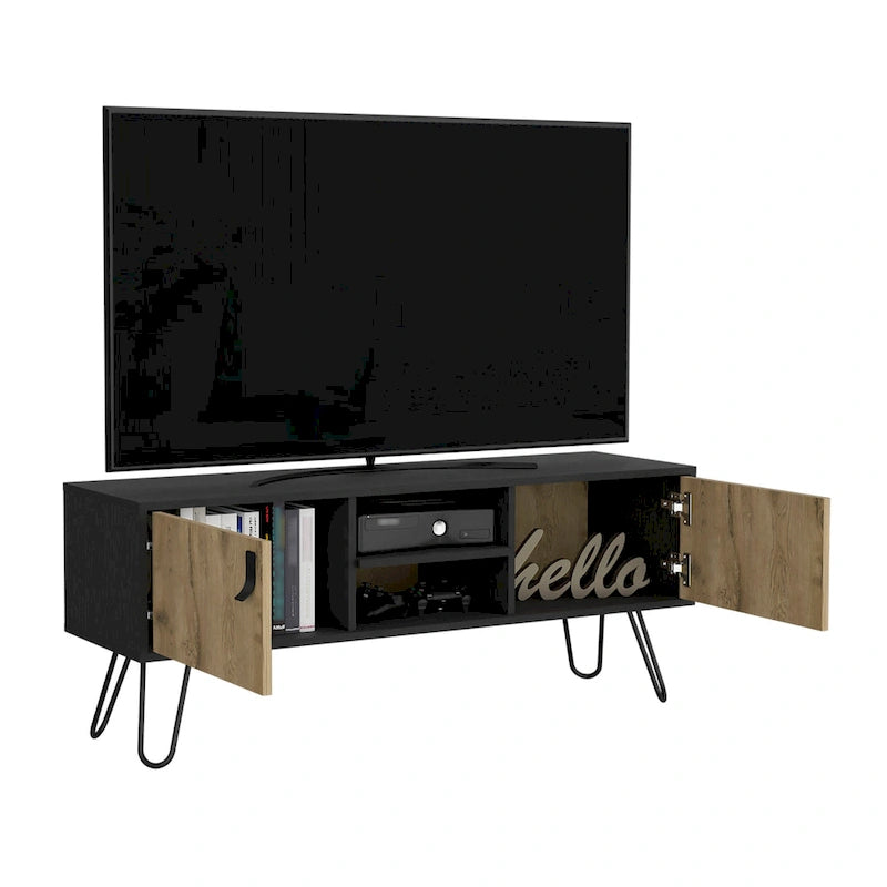 Hairpin Legs TV Stand with Two Doors Black Macadamia Wood Finish