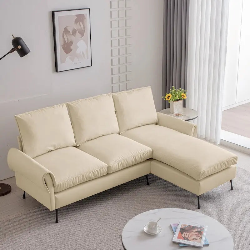 Beige Technical Leather L-Shaped Sofa with Reversible Chaise Lounge