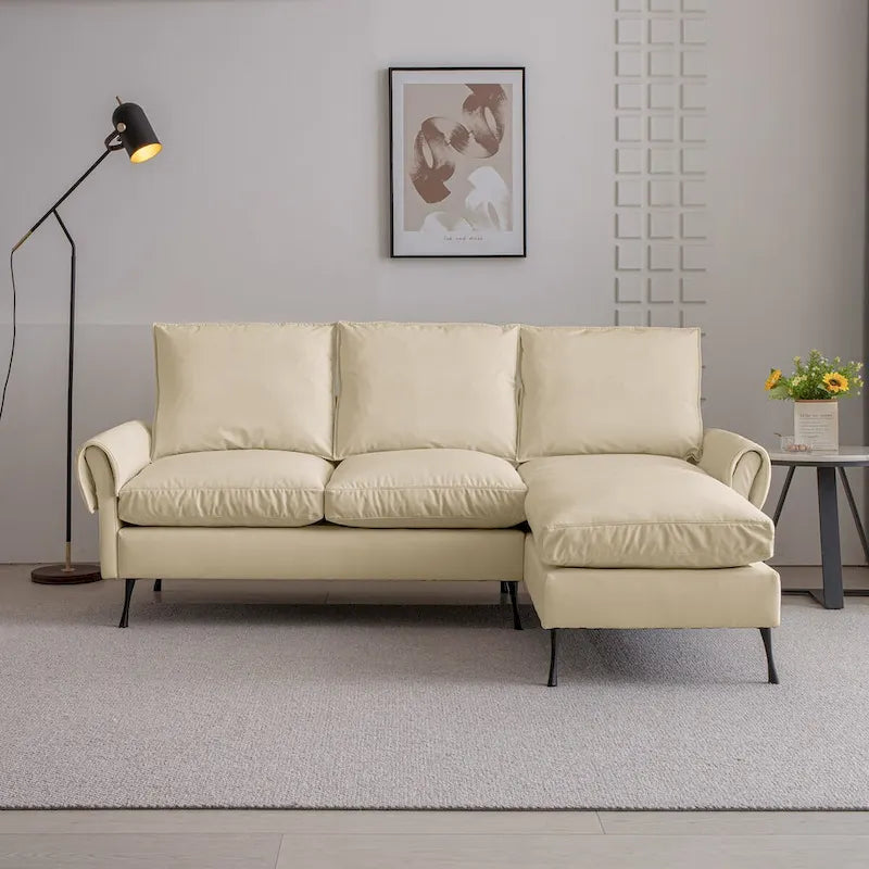 Beige Technical Leather L-Shaped Sofa with Reversible Chaise Lounge
