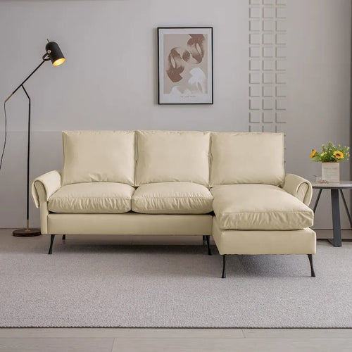 Beżowa sofa w kształcie litery L ze skóry technicznej z odwracalnym szezlongiem